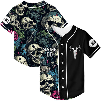 Custom Black Skull Waterweed Flower Sheep Head Rave Baseball Jersey For EDM EDC Festivals