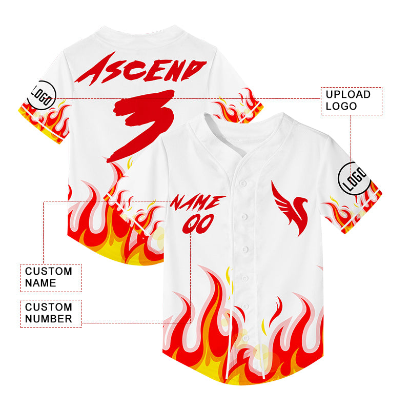 Custom White Red Fire Phoenix Rave Baseball Jersey For EDM EDC Festivals