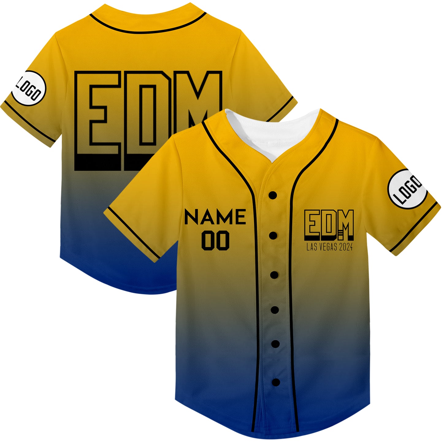 Custom Gold Royal EDM Las Vegas 2024 Rave Baseball Jersey For EDM EDC Festivals