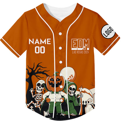 Custom Texas Orange EDM Halloween Skull Pumpkin Rave Baseball Jersey For EDM EDC Festivals