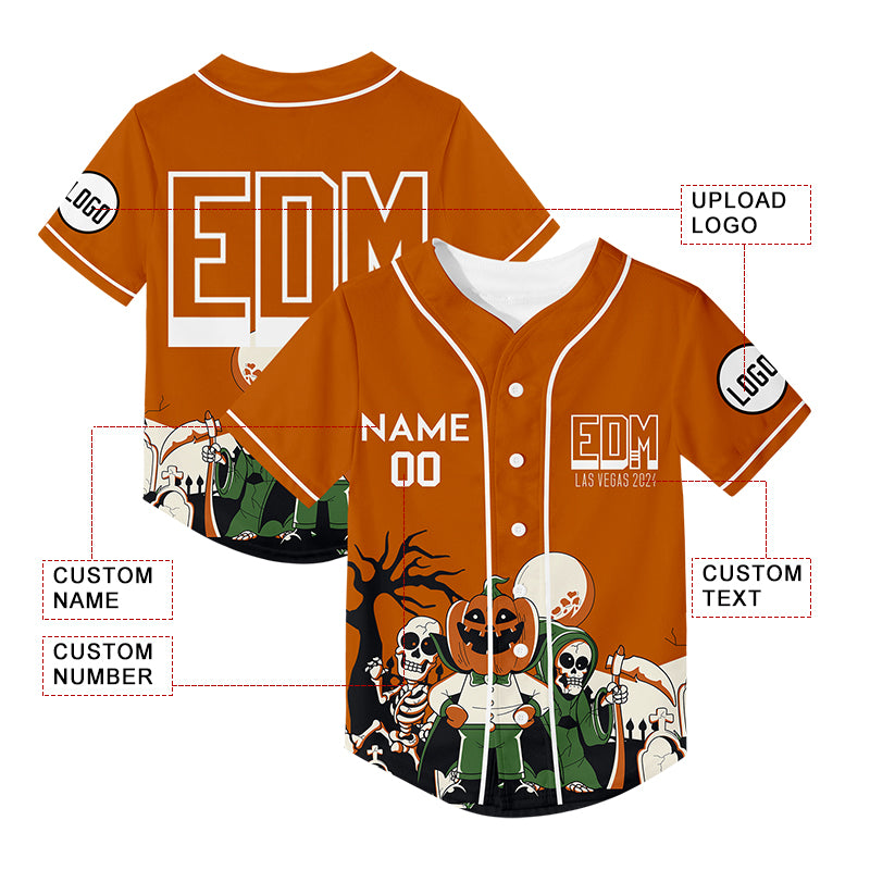 Custom Texas Orange EDM Halloween Skull Pumpkin Rave Baseball Jersey For EDM EDC Festivals