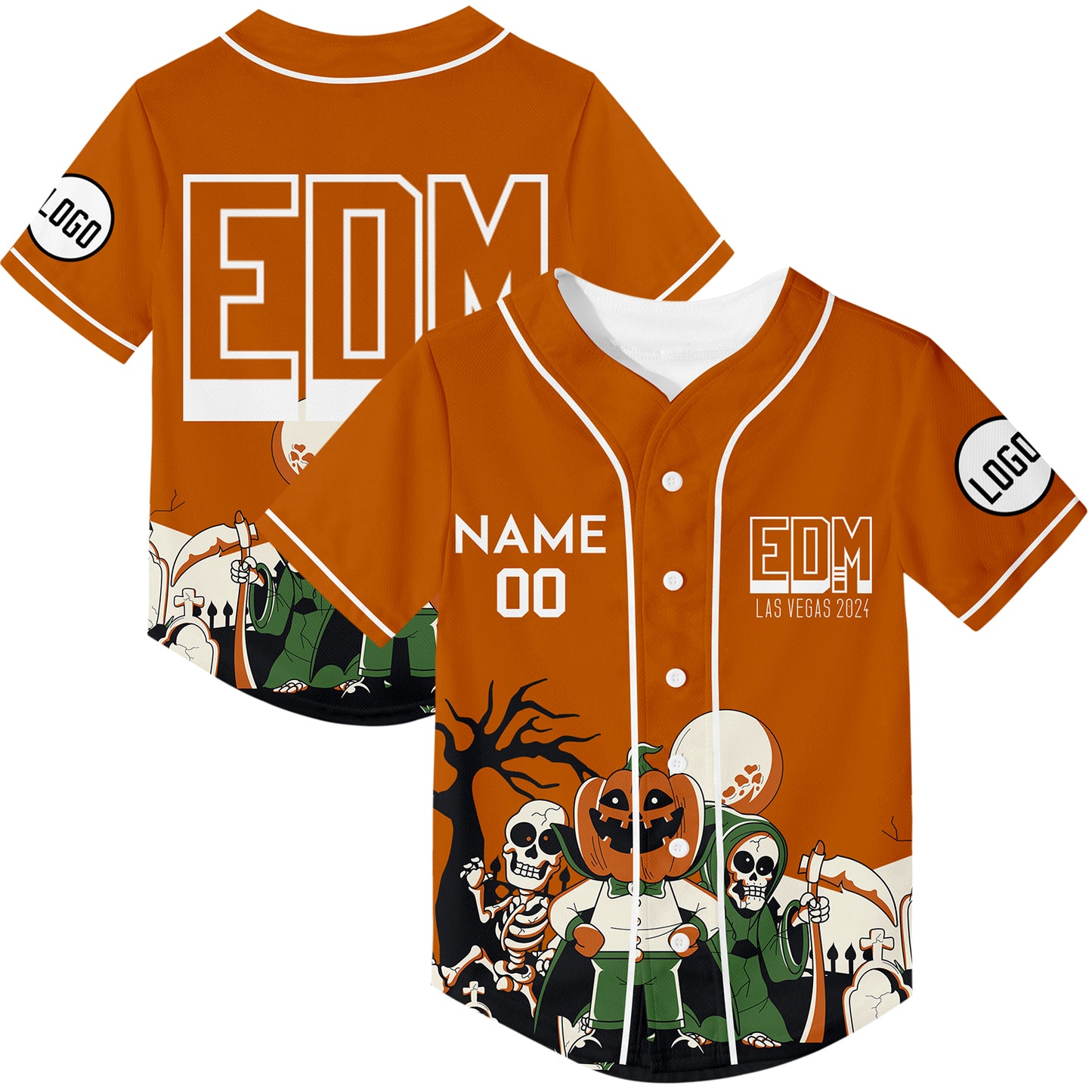 Custom Texas Orange EDM Halloween Skull Pumpkin Rave Baseball Jersey For EDM EDC Festivals