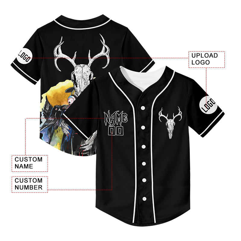 Custom Black Horror Skull Crow Halloween Rave Baseball Jersey For EDM EDC Festivals