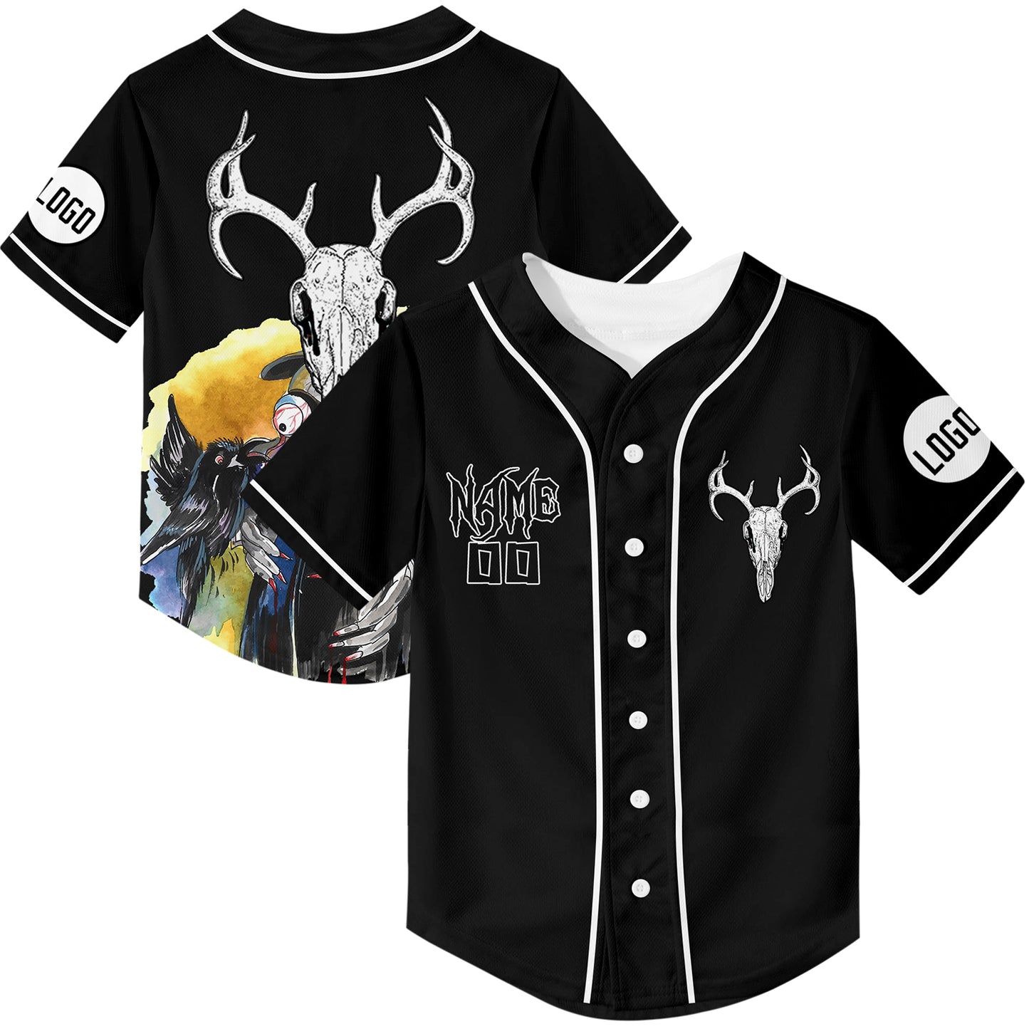 Custom Black Horror Skull Crow Halloween Rave Baseball Jersey For EDM EDC Festivals