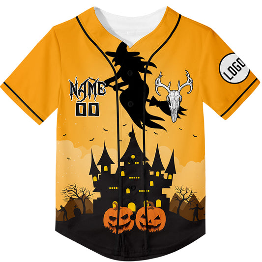 Custom Gold Witch Pumpkin Castle Halloween Rave Baseball Jersey For EDM EDC Festivals