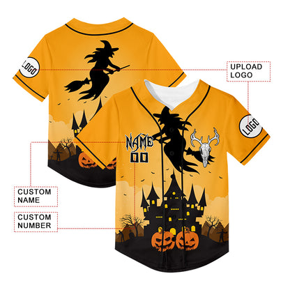 Custom Gold Witch Pumpkin Castle Halloween Rave Baseball Jersey For EDM EDC Festivals