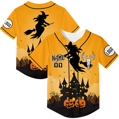 Custom Gold Witch Pumpkin Castle Halloween Rave Baseball Jersey For EDM EDC Festivals