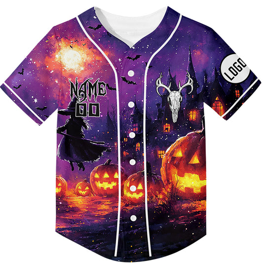 Custom Purple Witch Pumpkin Castle Halloween Rave Baseball Jersey For EDM EDC Festivals