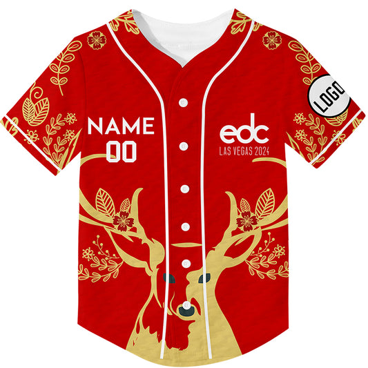 Custom Red EDC Christmas Elk Rave Baseball Jersey For EDM EDC Festivals