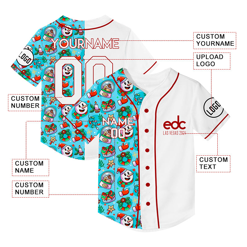 Custom Lakes Blue White EDC Christmas Snowman Gift Wreath Rave Baseball Jersey For EDM EDC Festivals