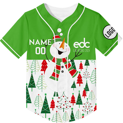 Custom Green White EDC Christmas Snowman Christmas Tree Rave Baseball Jersey For EDM EDC Festivals