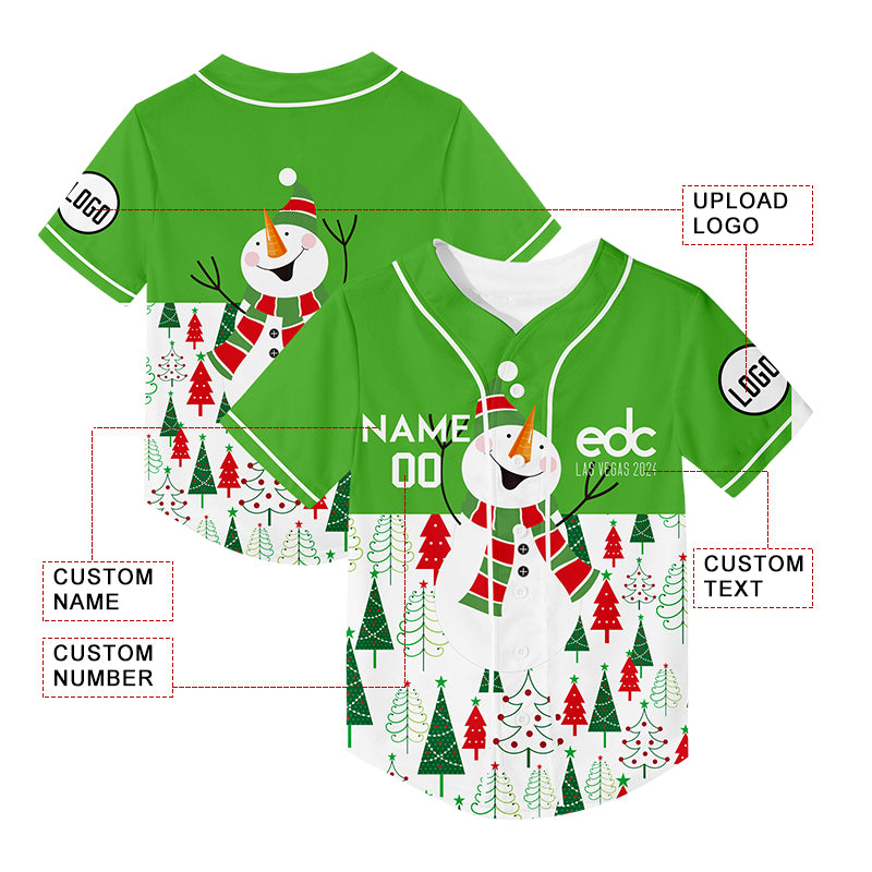 Custom Green White EDC Christmas Snowman Christmas Tree Rave Baseball Jersey For EDM EDC Festivals