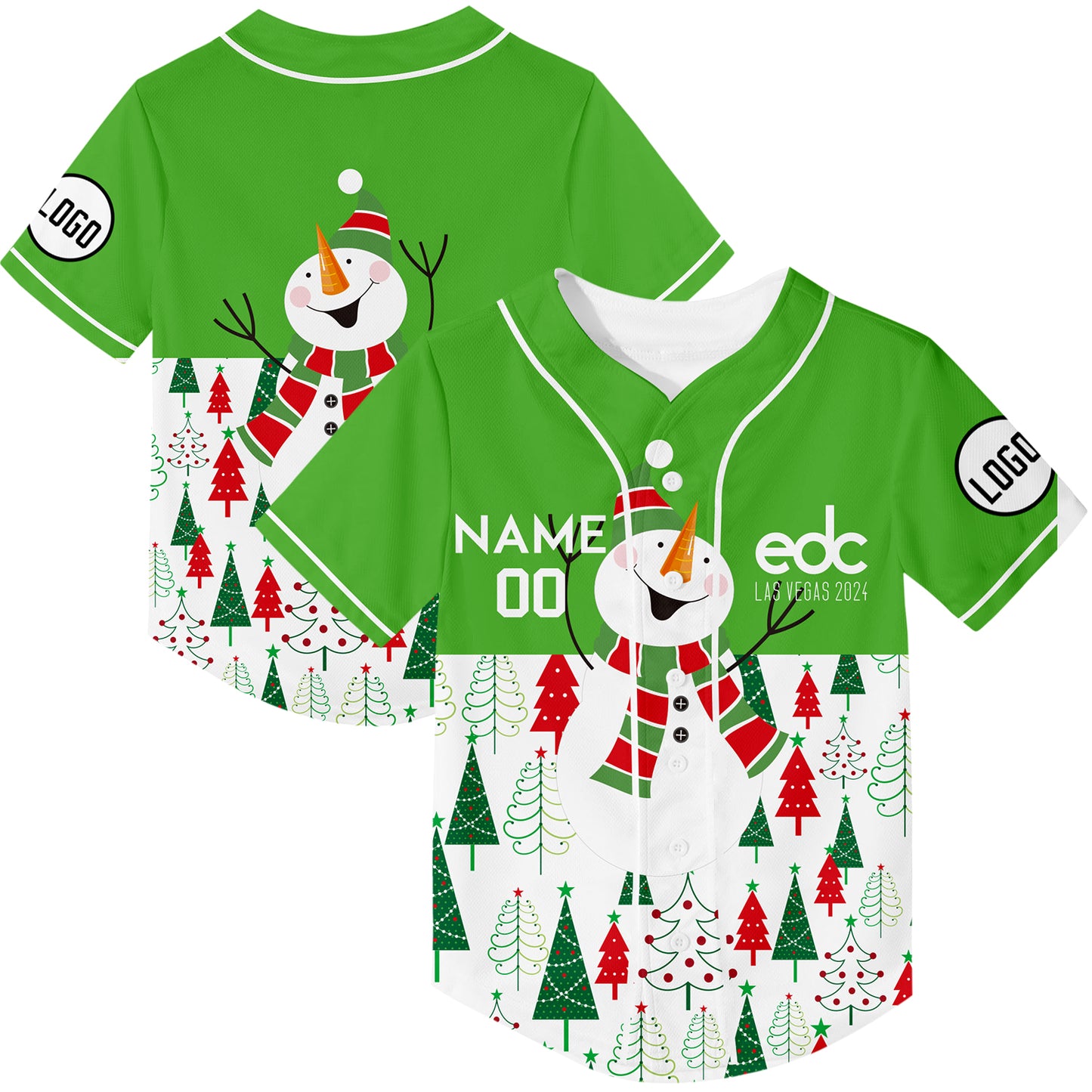 Custom Green White EDC Christmas Snowman Christmas Tree Rave Baseball Jersey For EDM EDC Festivals