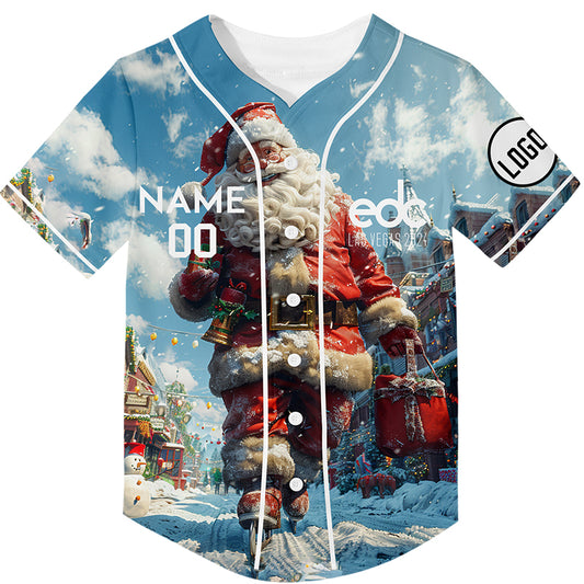 Custom Light Blue EDC Christmas Santa Claus Rave Baseball Jersey For EDM EDC Festivals