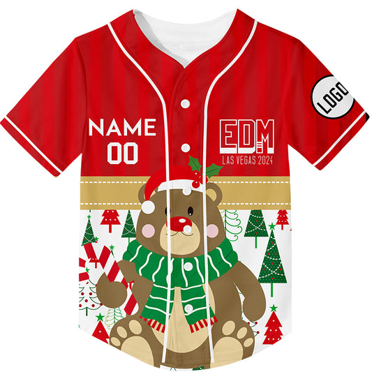 Custom Red EDM Christmas Tree Bear Rave Baseball Jersey For EDM EDC Festivals