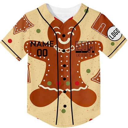 Custom Old Gold Light Khaki EDM Christmas Gingerbread Rave Baseball Jersey For EDM EDC Festivals