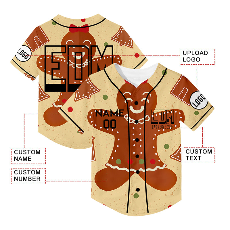 Custom Old Gold Light Khaki EDM Christmas Gingerbread Rave Baseball Jersey For EDM EDC Festivals