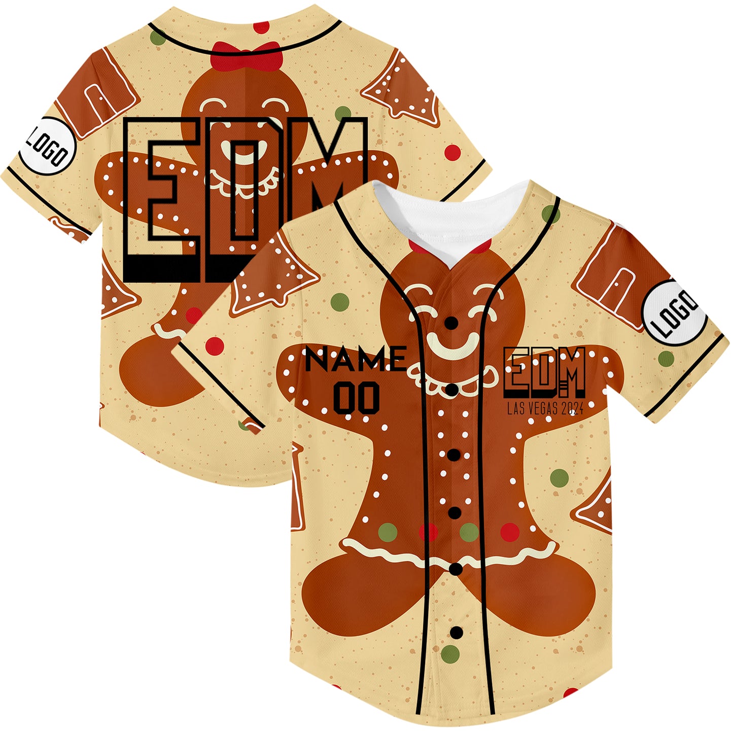 Custom Old Gold Light Khaki EDM Christmas Gingerbread Rave Baseball Jersey For EDM EDC Festivals