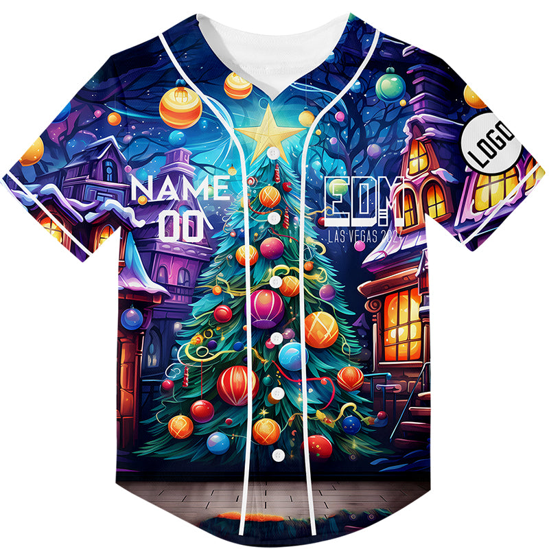 Custom Purple Sky Blue EDM Christmas Tree Rave Baseball Jersey For EDM EDC Festivals