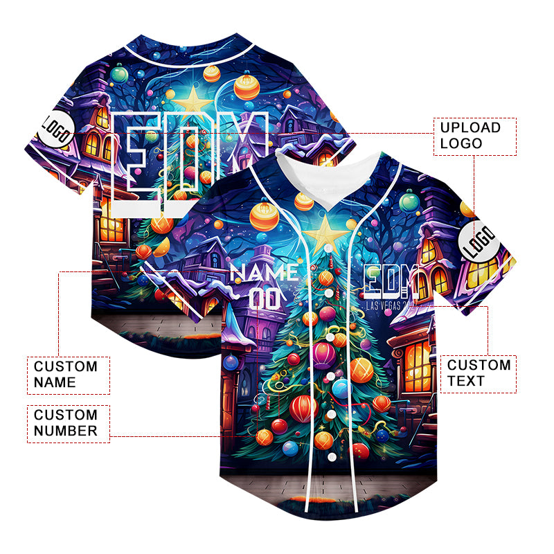 Custom Purple Sky Blue EDM Christmas Tree Rave Baseball Jersey For EDM EDC Festivals