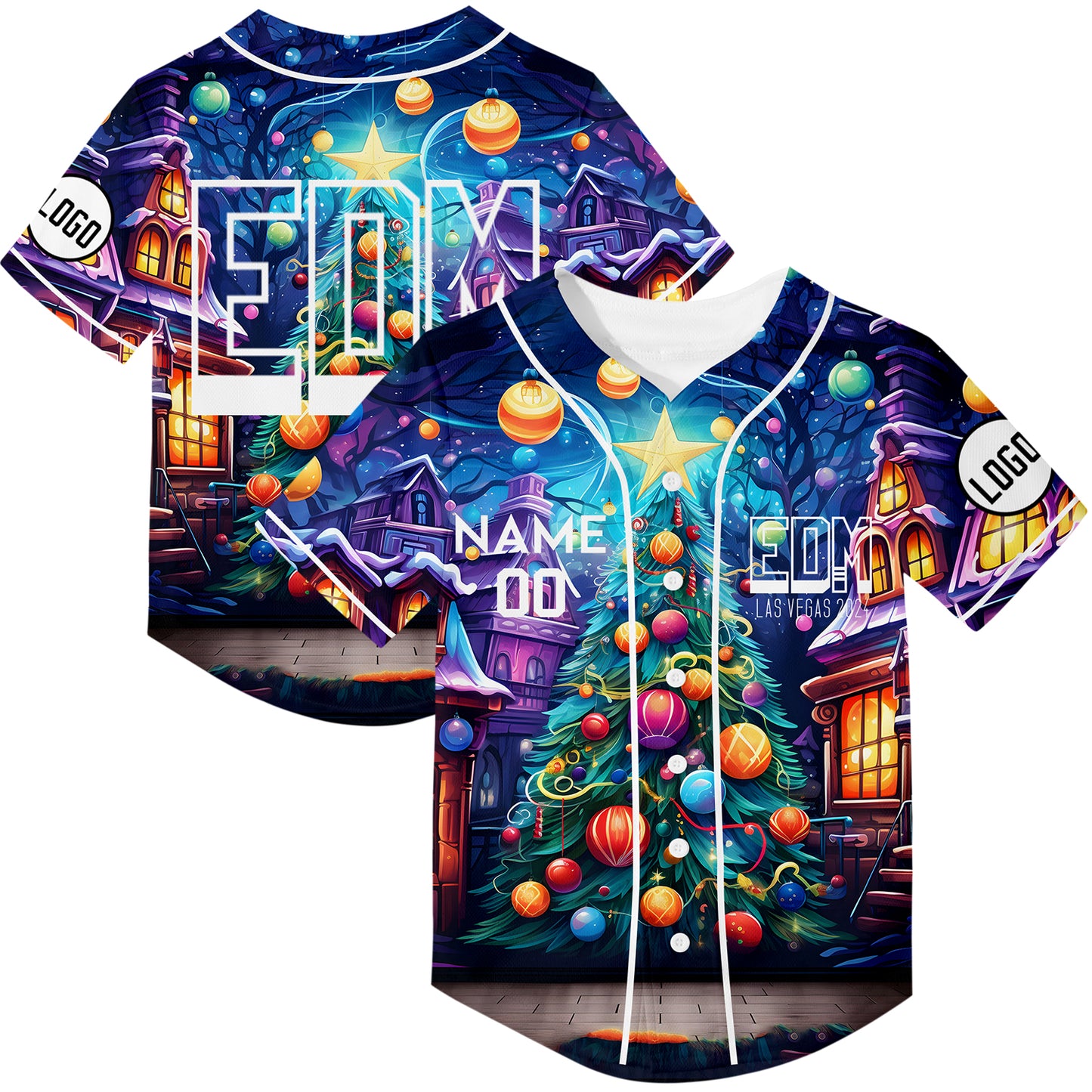 Custom Purple Sky Blue EDM Christmas Tree Rave Baseball Jersey For EDM EDC Festivals