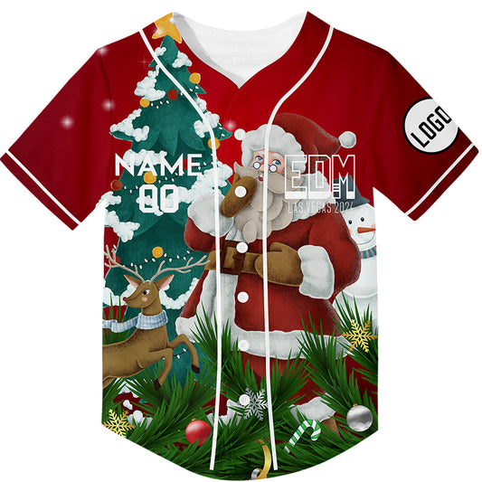 Custom Red Kelly Green EDM Christmas Tree Santa Claus Elk Snowman Rave Baseball Jersey For EDM EDC Festivals