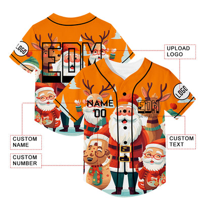 Custom Bay Orange EDM Christmas Santa Claus Elk Rave Baseball Jersey For EDM EDC Festivals