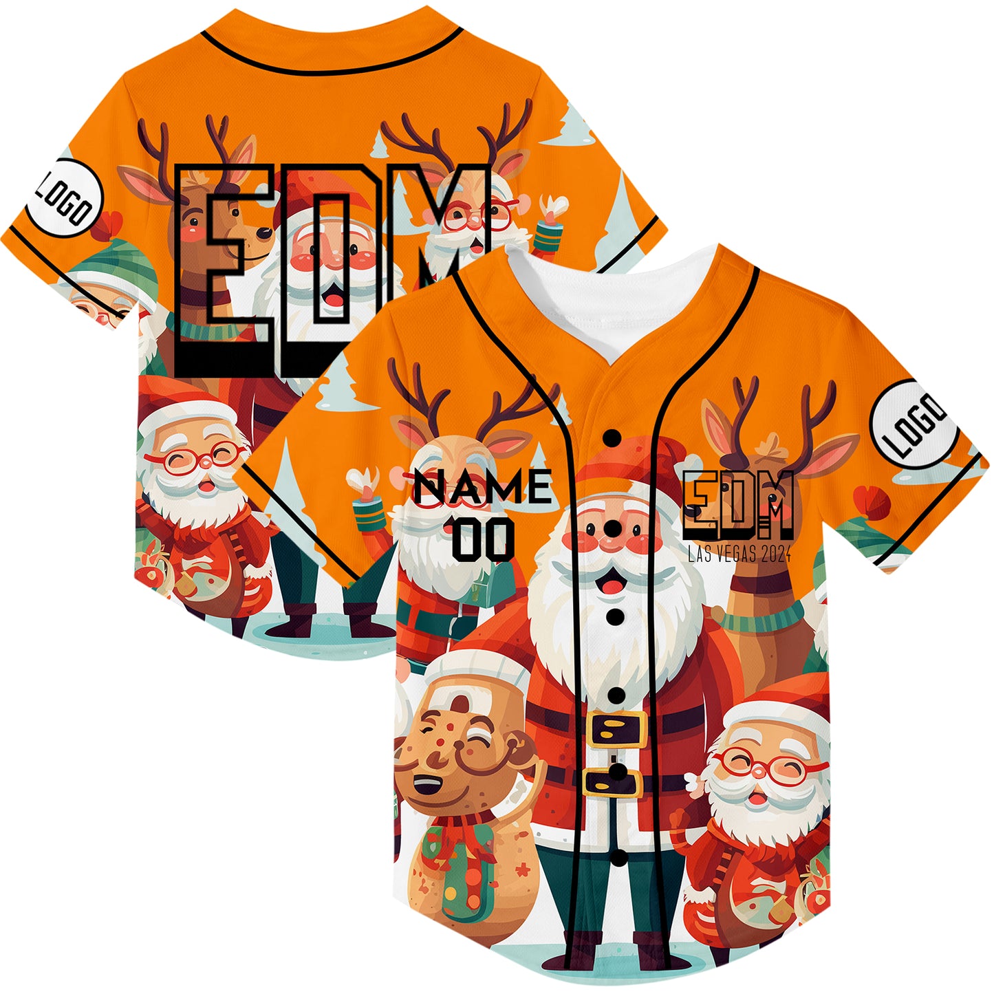 Custom Bay Orange EDM Christmas Santa Claus Elk Rave Baseball Jersey For EDM EDC Festivals