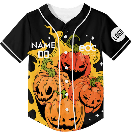 Custom Black Bay Orange EDC Halloween Pumpkin Rave Baseball Jersey For EDM EDC Festivals