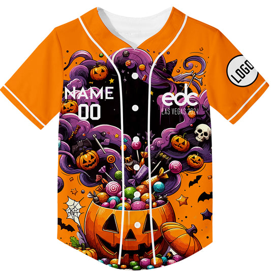 Custom Bay Orange Purple EDC Halloween Pumpkin Bat Spider Rave Baseball Jersey For EDM EDC Festivals