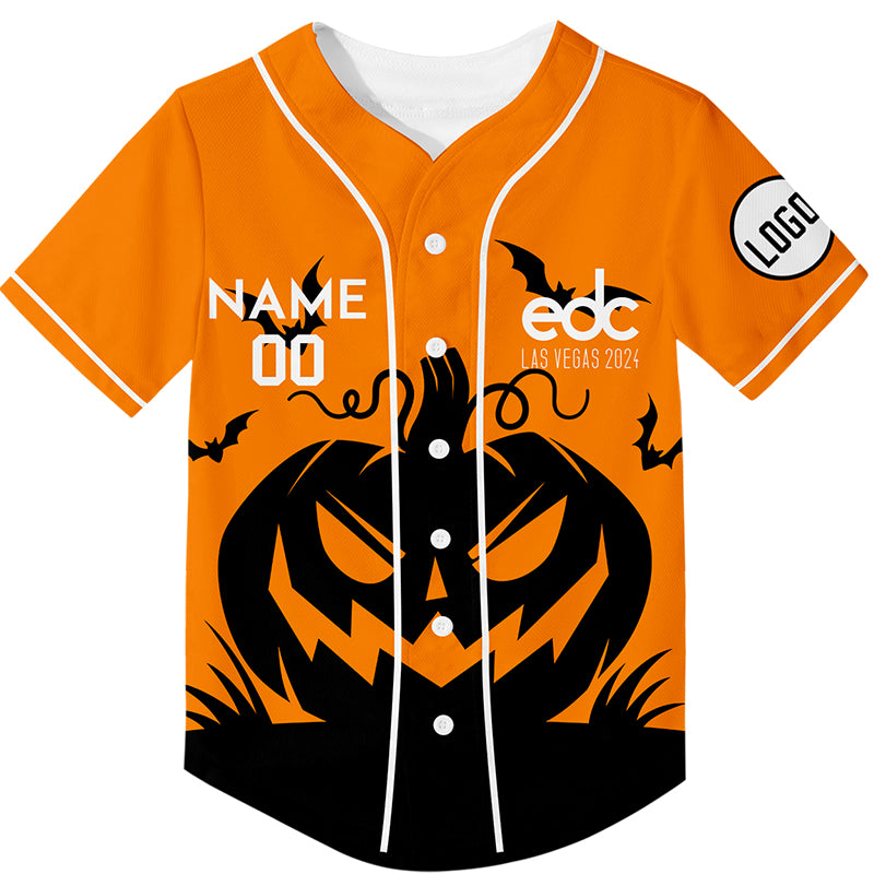 Custom Bay Orange Black EDC Halloween Pumpkin Bat Rave Baseball Jersey For EDM EDC Festivals