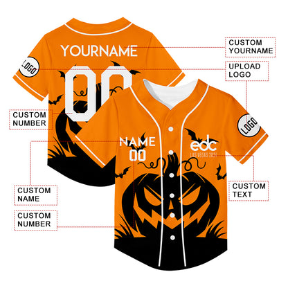 Custom Bay Orange Black EDC Halloween Pumpkin Bat Rave Baseball Jersey For EDM EDC Festivals