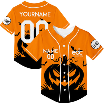 Custom Bay Orange Black EDC Halloween Pumpkin Bat Rave Baseball Jersey For EDM EDC Festivals