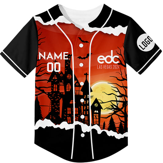 Custom Red Black EDC Halloween Bat Castle Rave Baseball Jersey For EDM EDC Festivals