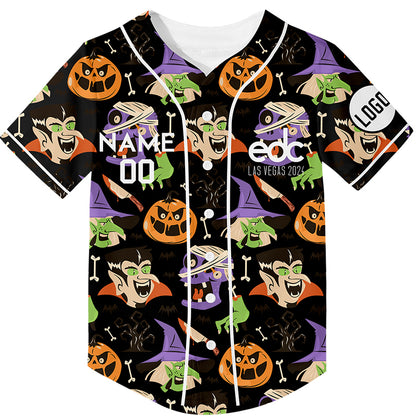 Custom Black EDC Halloween Witch Pumpkin Skull Rave Baseball Jersey For EDM EDC Festivals