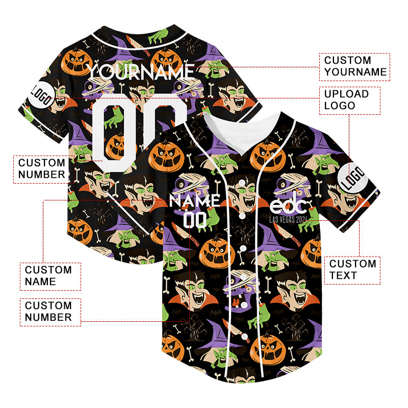 Custom Black EDC Halloween Witch Pumpkin Skull Rave Baseball Jersey For EDM EDC Festivals