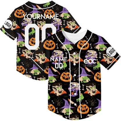 Custom Black EDC Halloween Witch Pumpkin Skull Rave Baseball Jersey For EDM EDC Festivals