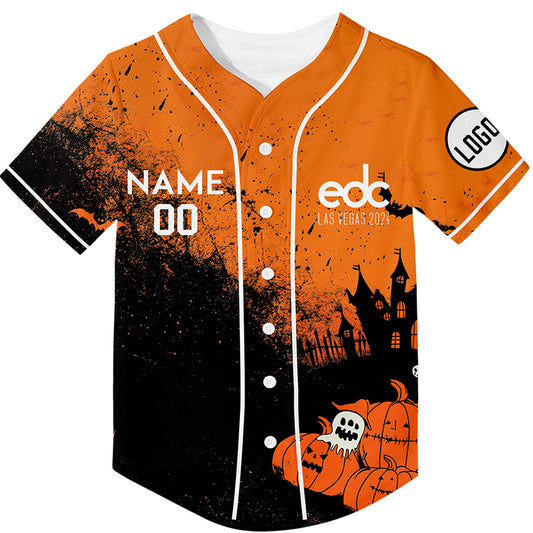 Custom Black Bay Orange EDC Halloween Pumpkin Ghost Bat Rave Baseball Jersey For EDM EDC Festivals