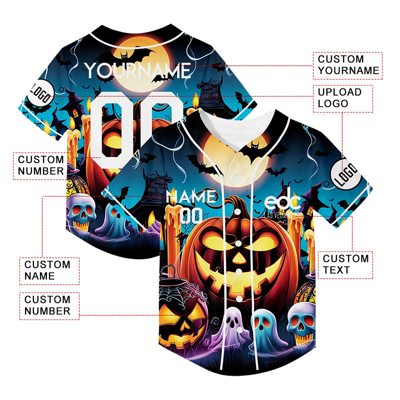 Custom Lakes Blue Bay Orange EDC Halloween Pumpkin Ghost Bat Rave Baseball Jersey For EDM EDC Festivals