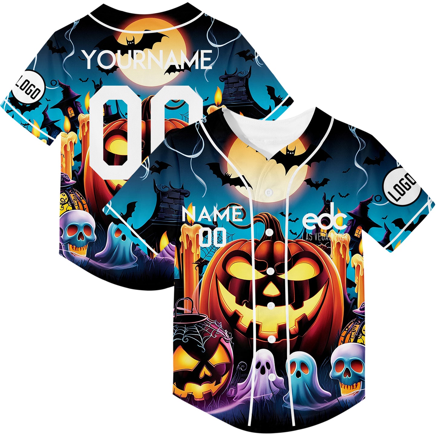 Custom Lakes Blue Bay Orange EDC Halloween Pumpkin Ghost Bat Rave Baseball Jersey For EDM EDC Festivals