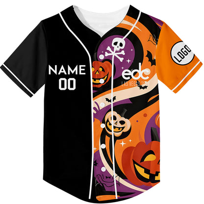 Custom Black Bay Orange EDC Halloween Pumpkin Skull Bat Rave Baseball Jersey For EDM EDC Festivals