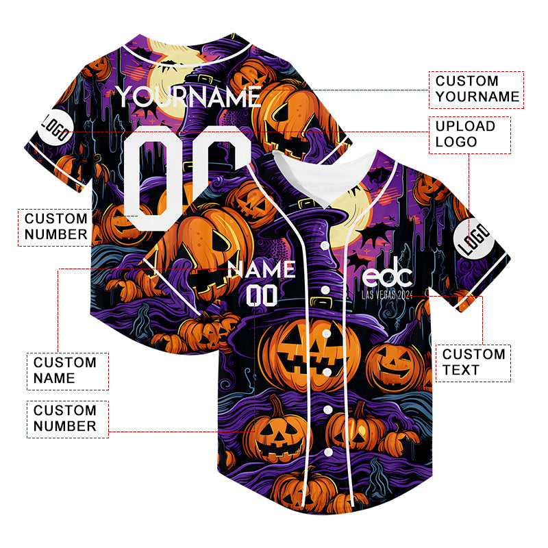 Custom Purple Bay Orange EDC Halloween Pumpkin Castle Rave Baseball Jersey For EDM EDC Festivals