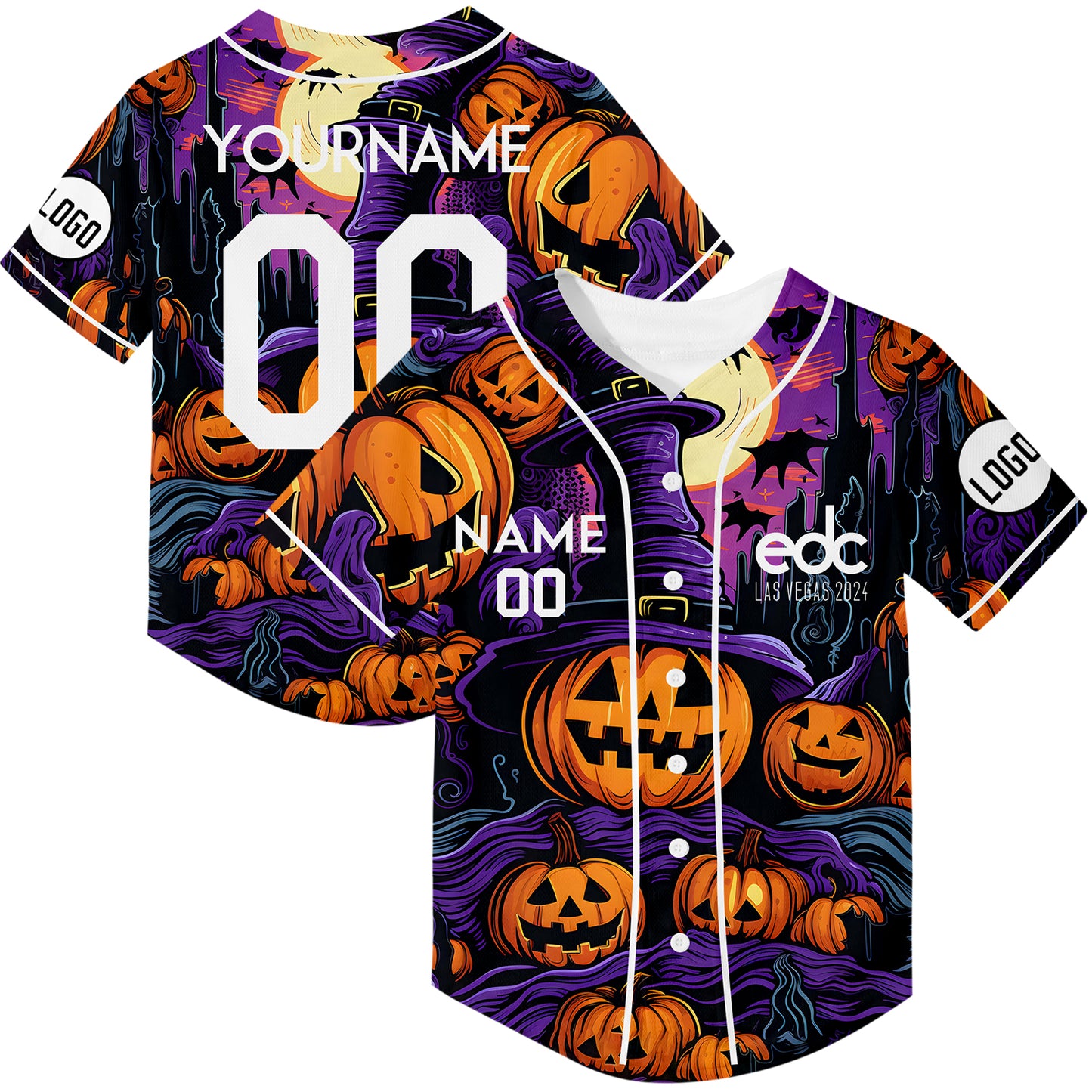 Custom Purple Bay Orange EDC Halloween Pumpkin Castle Rave Baseball Jersey For EDM EDC Festivals