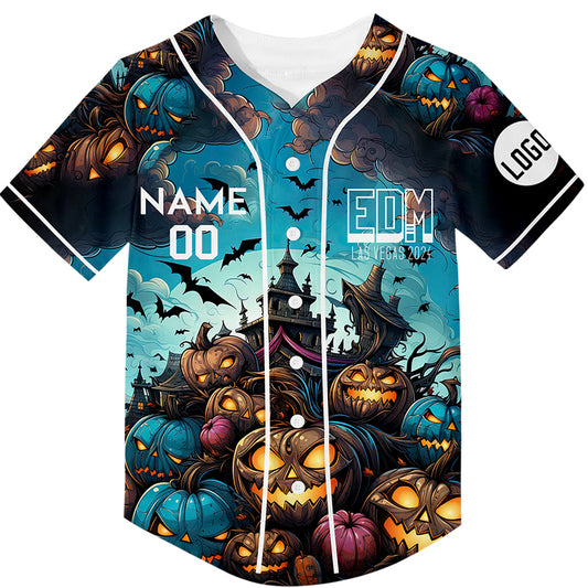 Custom Lakes Blue Bay Orange EDM Halloween Pumpkin Bat Castle Rave Baseball Jersey For EDM EDC Festivals