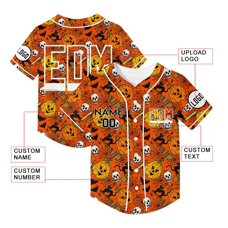 Custom Bay Orange Black EDM Halloween Pumpkin Bat Ghost Rave Baseball Jersey For EDM EDC Festivals