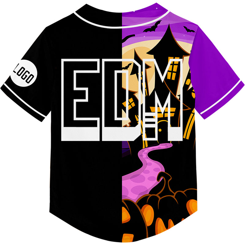 Custom Black Purple EDM Halloween Pumpkin Bat Castle Rave Baseball Jersey For EDM EDC Festivals