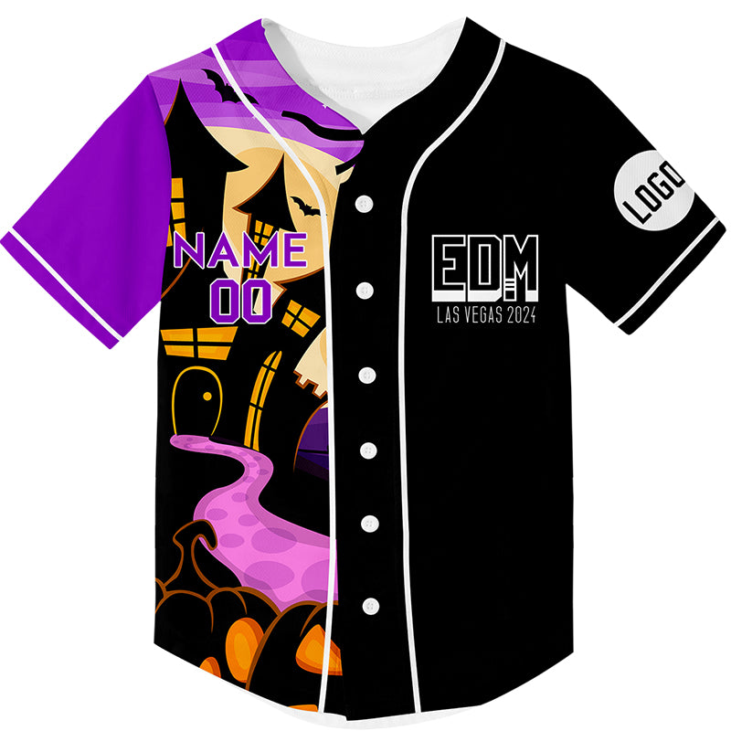 Custom Black Purple EDM Halloween Pumpkin Bat Castle Rave Baseball Jersey For EDM EDC Festivals