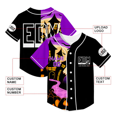 Custom Black Purple EDM Halloween Pumpkin Bat Castle Rave Baseball Jersey For EDM EDC Festivals