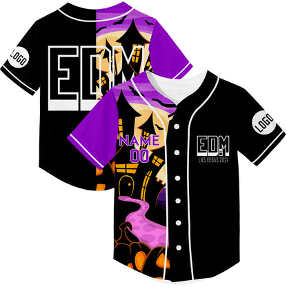 Custom Black Purple EDM Halloween Pumpkin Bat Castle Rave Baseball Jersey For EDM EDC Festivals