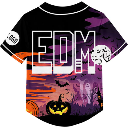 Custom Black Purple EDM Halloween Pumpkin Bat Ghost Castle Rave Baseball Jersey For EDM EDC Festivals